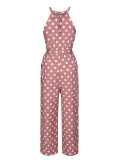 Pink 1930s Polka Dots Drawstring Halter Jumpsuit 8 Pink 1930s Polka Dots Drawstring Halter Jumpsuit -Retro Pulse Shop SCHL004067 3