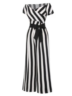 [Pre-Sale] 1970s Off-Shoulder Wide Stripe Jumpsuit -Retro Pulse Shop SCHL004071 2