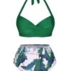 Green 1930s Halter Tropical Plants Swimsuit