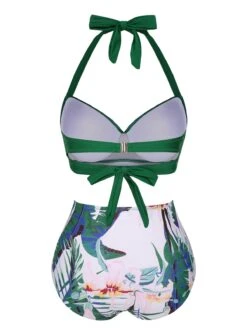 Green 1930s Halter Tropical Plants Swimsuit -Retro Pulse Shop SCHL004073 3