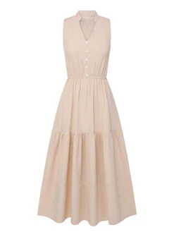Beige 1950s Solid Stand Collar V-Neck Dress