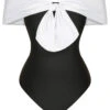 Black White 1960s Bow Off-Shoulder Swimsuit -Retro Pulse Shop SCHL004089 1