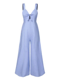 Blue 1930s Stripe Cutout Wide Strap Jumpsuit
