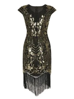 Black 1920s Sequined Tassel Cap Sleeve Dress 8 Black 1920s Sequined Tassel Cap Sleeve Dress -Retro Pulse Shop SCHL004130 3 compressed