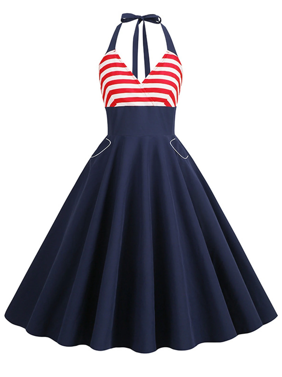 Dark Blue 1950s Red & White Stripes Halter Dress 3 Dark Blue 1950s Red & White Stripes Halter Dress
