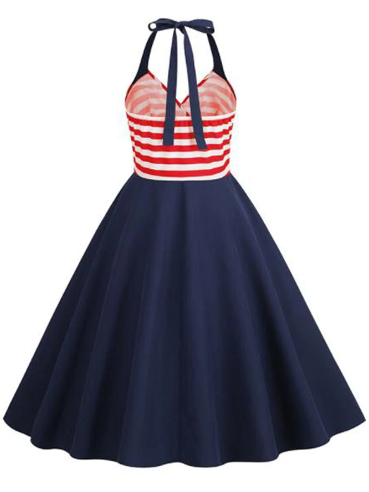 Dark Blue 1950s Red & White Stripes Halter Dress 4 Dark Blue 1950s Red & White Stripes Halter Dress - Image 2