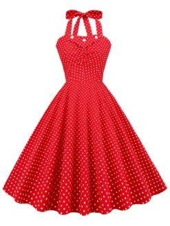 Red 1950s Polka Dot Halter Swing Dress