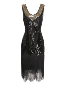 1920s Sequined Tassel V-Neck Dress -Retro Pulse Shop SCHL004152 1