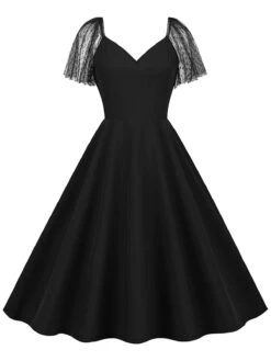 1950s Solid Dots Mesh Sleeve V-Neck Dress 28 1950s Solid Dots Mesh Sleeve V-Neck Dress -Retro Pulse Shop SCHL004156 B 1