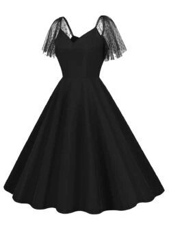 1950s Solid Dots Mesh Sleeve V-Neck Dress 29 1950s Solid Dots Mesh Sleeve V-Neck Dress -Retro Pulse Shop SCHL004156 B 2