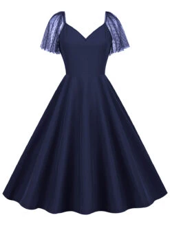 1950s Solid Dots Mesh Sleeve V-Neck Dress 25 1950s Solid Dots Mesh Sleeve V-Neck Dress -Retro Pulse Shop SCHL004156 DBL 1