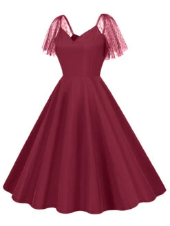 1950s Solid Dots Mesh Sleeve V-Neck Dress 22 1950s Solid Dots Mesh Sleeve V-Neck Dress -Retro Pulse Shop SCHL004156 DER 3