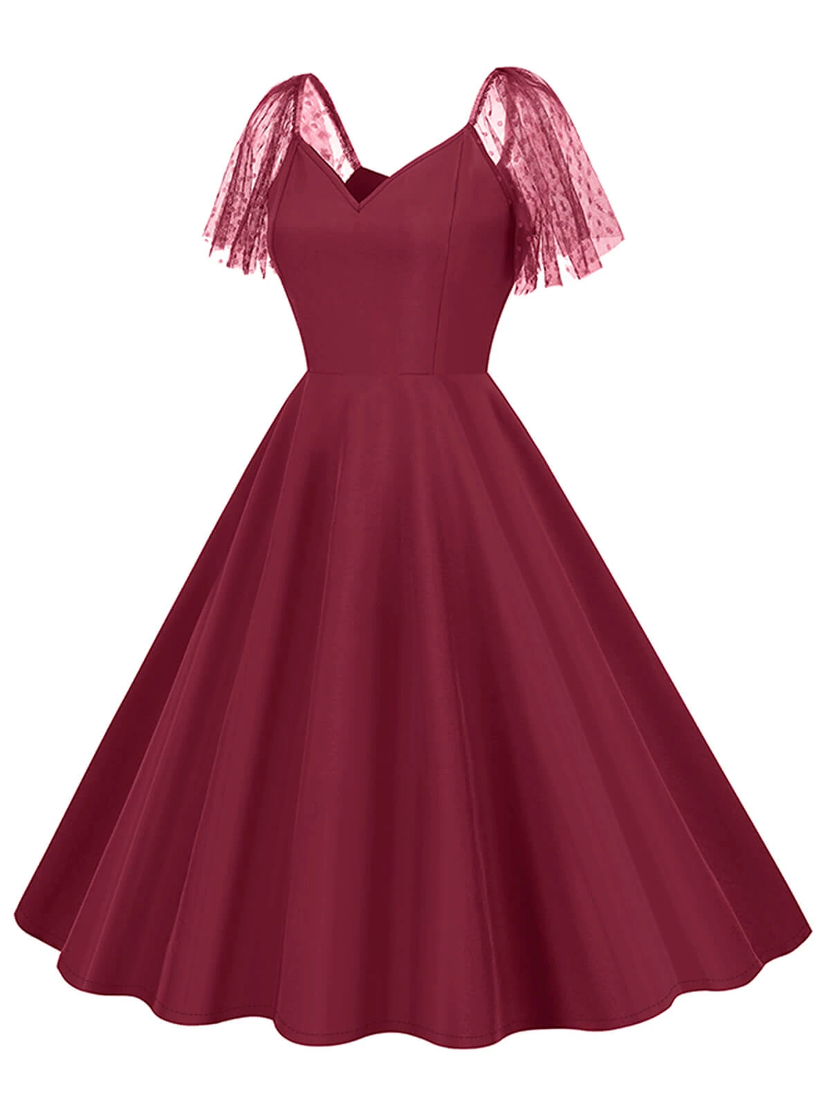 1950s Solid Dots Mesh Sleeve V-Neck Dress 8 1950s Solid Dots Mesh Sleeve V-Neck Dress - Image 6