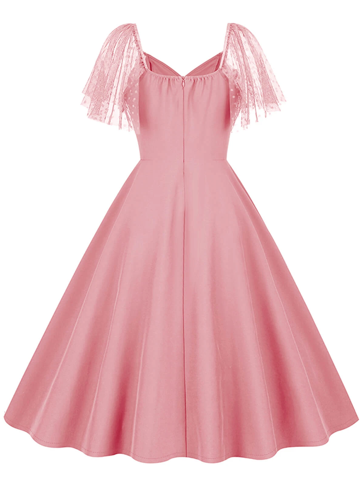 1950s Solid Dots Mesh Sleeve V-Neck Dress 5 1950s Solid Dots Mesh Sleeve V-Neck Dress - Image 3