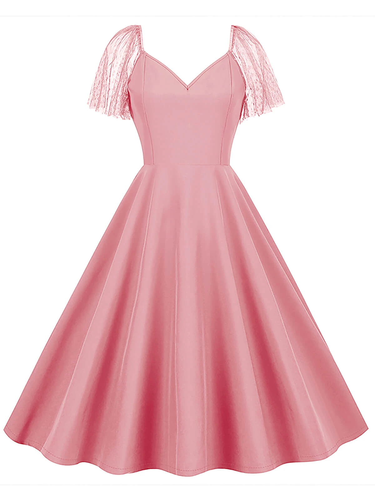 1950s Solid Dots Mesh Sleeve V-Neck Dress 3 1950s Solid Dots Mesh Sleeve V-Neck Dress