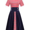Red & Blue 1970s Stripe Patchwork Swing Dress