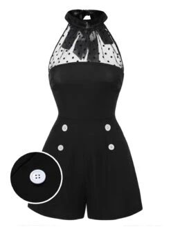 [Pre-Sale] Black 1950s Polka Dots Sheer Neck Romper