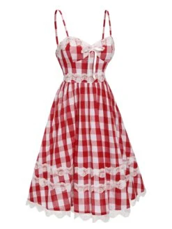 [Pre-Sale] Red 1950s Plaid Lace Bow Strap Dress -Retro Pulse Shop SCHL004164 2