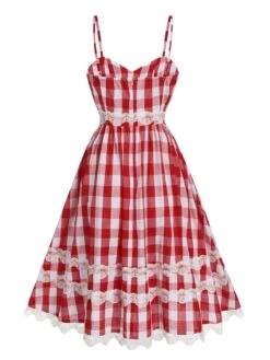 [Pre-Sale] Red 1950s Plaid Lace Bow Strap Dress -Retro Pulse Shop SCHL004164 3