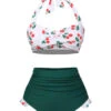 Green & White 1960s Cherry Halter Swimsuit -Retro Pulse Shop SCHL004176 1