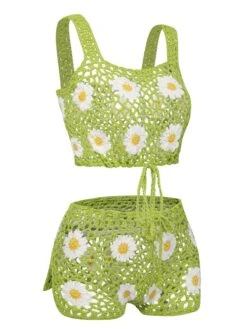 2PCS Green 1950s Daisy Knitted Top & Pants 10 2PCS Green 1950s Daisy Knitted Top & Pants -Retro Pulse Shop SCHL004193 2