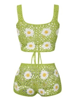 2PCS Green 1950s Daisy Knitted Top & Pants 11 2PCS Green 1950s Daisy Knitted Top & Pants -Retro Pulse Shop SCHL004193 3