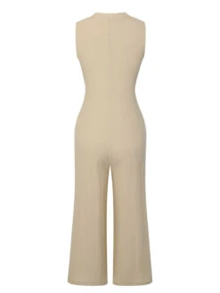 Beige 1940s Pockets Solid Sleeveless Jumpsuit -Retro Pulse Shop SCHL004197 3 compressed