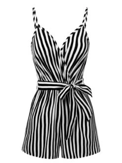 1970s V-Neck Vertical Stripes Lace Up Romper -Retro Pulse Shop SCHL004199 6