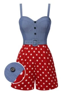 [Pre-Sale] Blue 1960s Polka Dots Spaghetti Straps Romper