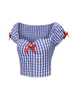 [Pre-Sale] Blue & White 1950s Sweetheart Neck Plaid Top -Retro Pulse Shop SCHL004236 2