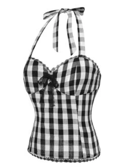 [Pre-Sale] Black 1950s Plaid Halter Lace Bow Top -Retro Pulse Shop SCHL004238 2
