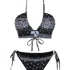 Black 1930s Cashew Flowers Lace-Up Bikini Set -Retro Pulse Shop SCHL004257 1