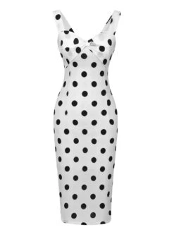 White 1960s V-Neck Polka Dots Dress