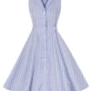 Light Blue 1940s Plaid Lapel Sleeveless Dress -Retro Pulse Shop SCHL004276 1