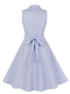 Light Blue 1940s Plaid Lapel Sleeveless Dress -Retro Pulse Shop SCHL004276 2