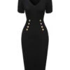 Black 1960s Solid V-Neck Buttons Dress -Retro Pulse Shop SCHL004281 1