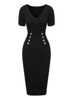 Black 1960s Solid V-Neck Buttons Dress