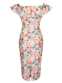 1960s Off- Shoulder Ruffles Floral Bodycon Dress -Retro Pulse Shop SCHL004282 3 compressed