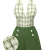 [Pre-Sale] Green 1950s Windowpane Plaid Halter Romper -Retro Pulse Shop SCHL004290 01