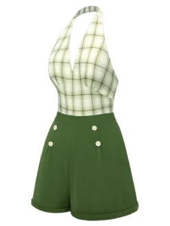 [Pre-Sale] Green 1950s Windowpane Plaid Halter Romper -Retro Pulse Shop SCHL004290 2