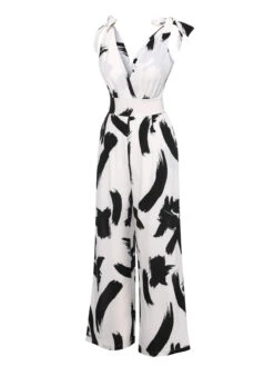 Black & White 1940s V-Neck Bohemian Jumpsuit -Retro Pulse Shop SCHL004307 2