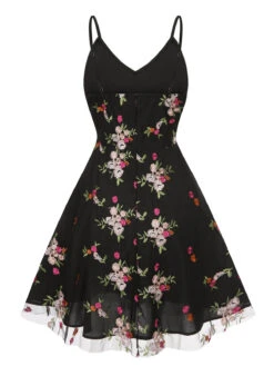Black 1970s Floral Embroidered Mesh Strap Dress -Retro Pulse Shop SCHL004339 3
