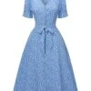 Blue 1940s Flower Print V-Neck Buttons Dress -Retro Pulse Shop SCHL004343 1