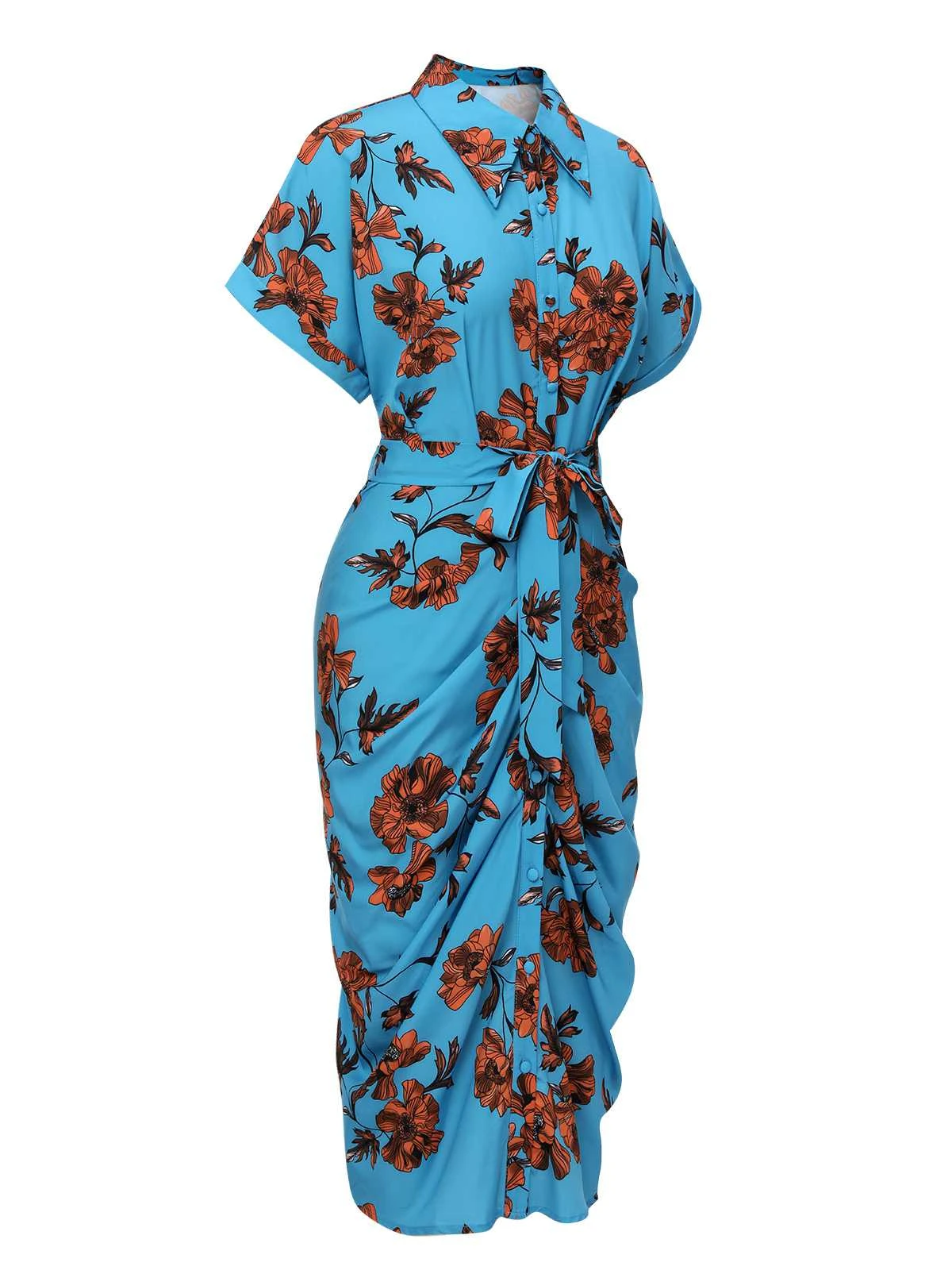 Blue 1940s Shirt Neck Floral Belted Dress 4 Blue 1940s Shirt Neck Floral Belted Dress - Image 2