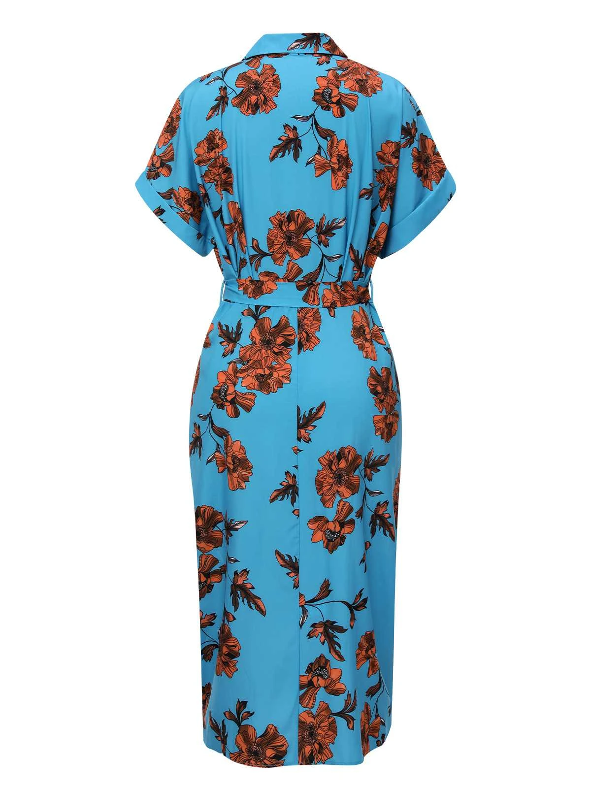 Blue 1940s Shirt Neck Floral Belted Dress 5 Blue 1940s Shirt Neck Floral Belted Dress - Image 3