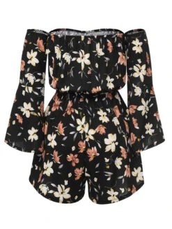 Black 1950s Off-Shoulder Floral Romper -Retro Pulse Shop SCHL004386 3