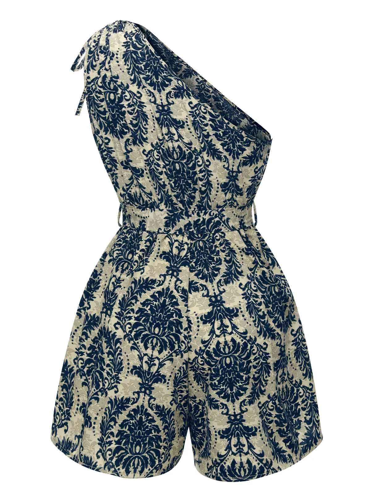 Blue 1950s Floral Print One Shoulder Romper 5 Blue 1950s Floral Print One Shoulder Romper - Image 3