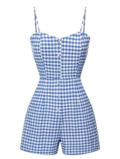 Blue 1960s Spaghetti Strap Plaids Romper