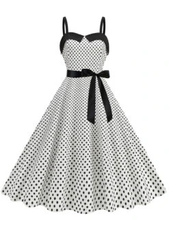 1950s Polka Dots Patchwork Ribbon Strap Dress 14 1950s Polka Dots Patchwork Ribbon Strap Dress -Retro Pulse Shop SCHL004400 W 2