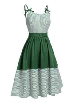 [Pre-Sale] Green 1940s Spaghetti Strap Stripes Patchwork Belted Dress -Retro Pulse Shop SCHL004428 2 compressed